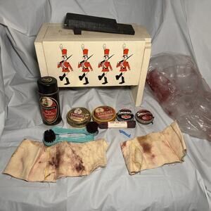 Vintage 1961 Disney Wooden Soldier Babes In Toyland Shoe Shine Box & Accessories